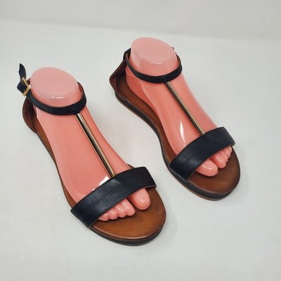 Inuovo Thong Sandals T-Strap Black Leather Ankle Strap Flat Women Size 38 US 7.5