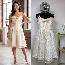 Anthropologie Cream Silk Eyelet Lace Dress | Bow Ruffle Hem Size 10 Coquette