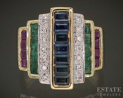 18k Yellow Gold Natural Multi Gem & Diamond Square Step Band 9.4g p23222