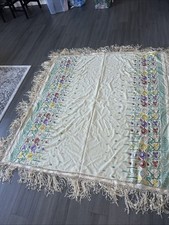 A stunning vintage embroidered silk piano scarf/shawl hand knotted fringe