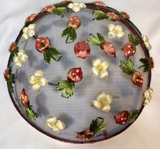Vintage Mesh Food Dome Cover 15.75” Strawberry Raffia Picnic Cottagecore