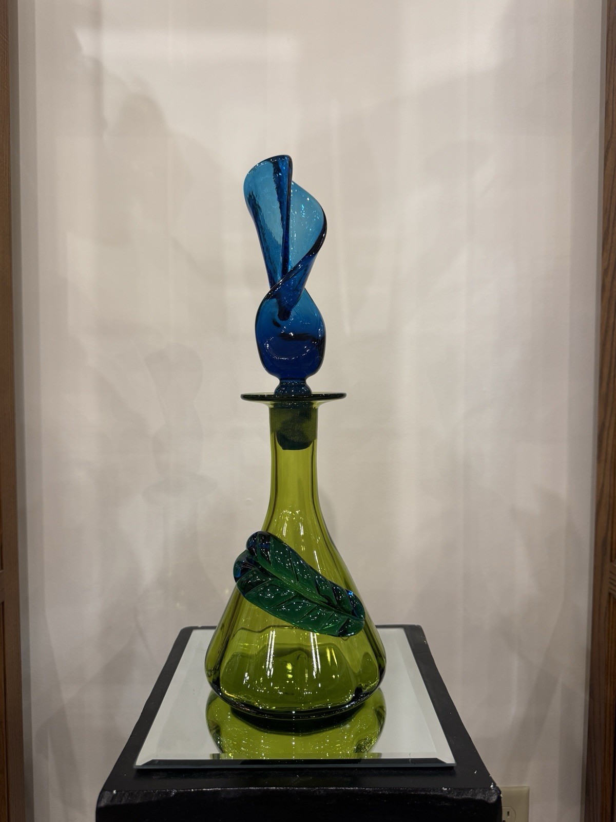 Rainbow Avacado / Olive Green Decanter with Blue Leaf & Blue Swirl Stopper