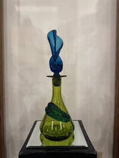 Rainbow Avacado / Olive Green Decanter with Blue Leaf & Blue Swirl Stopper