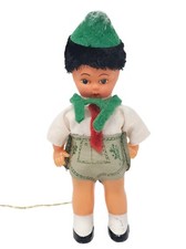 Vintage Kitsch German Bavarian Boy Doll Ornament Lederhosen Feather Hat Folk Art