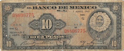 Mexico  10  Pesos  7.4.1943  Series  Q  Prefix D  Circulated Banknote GeC