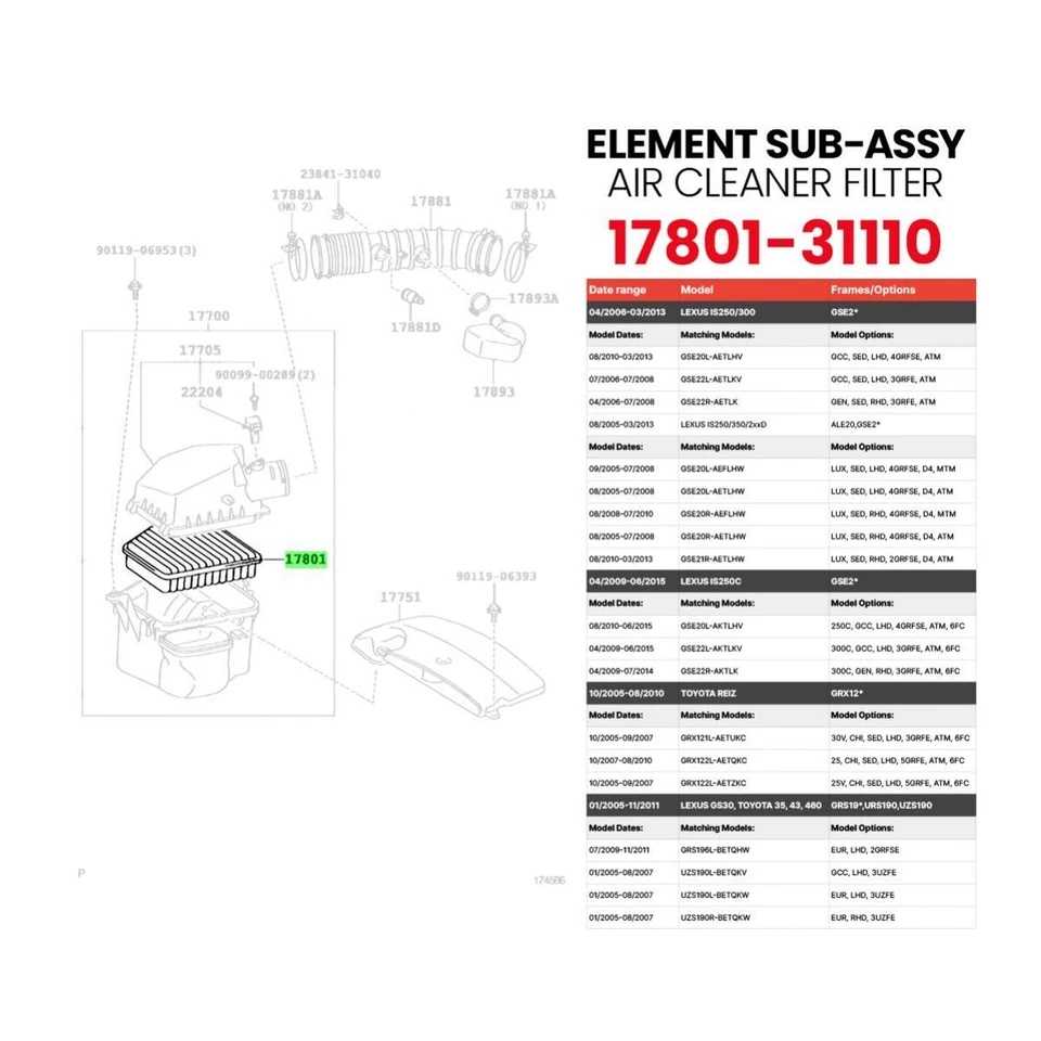 Filtro de filtro de aire subconjunto elemento para Lexus GS350 GS430 IS250C Foto 3 de 4