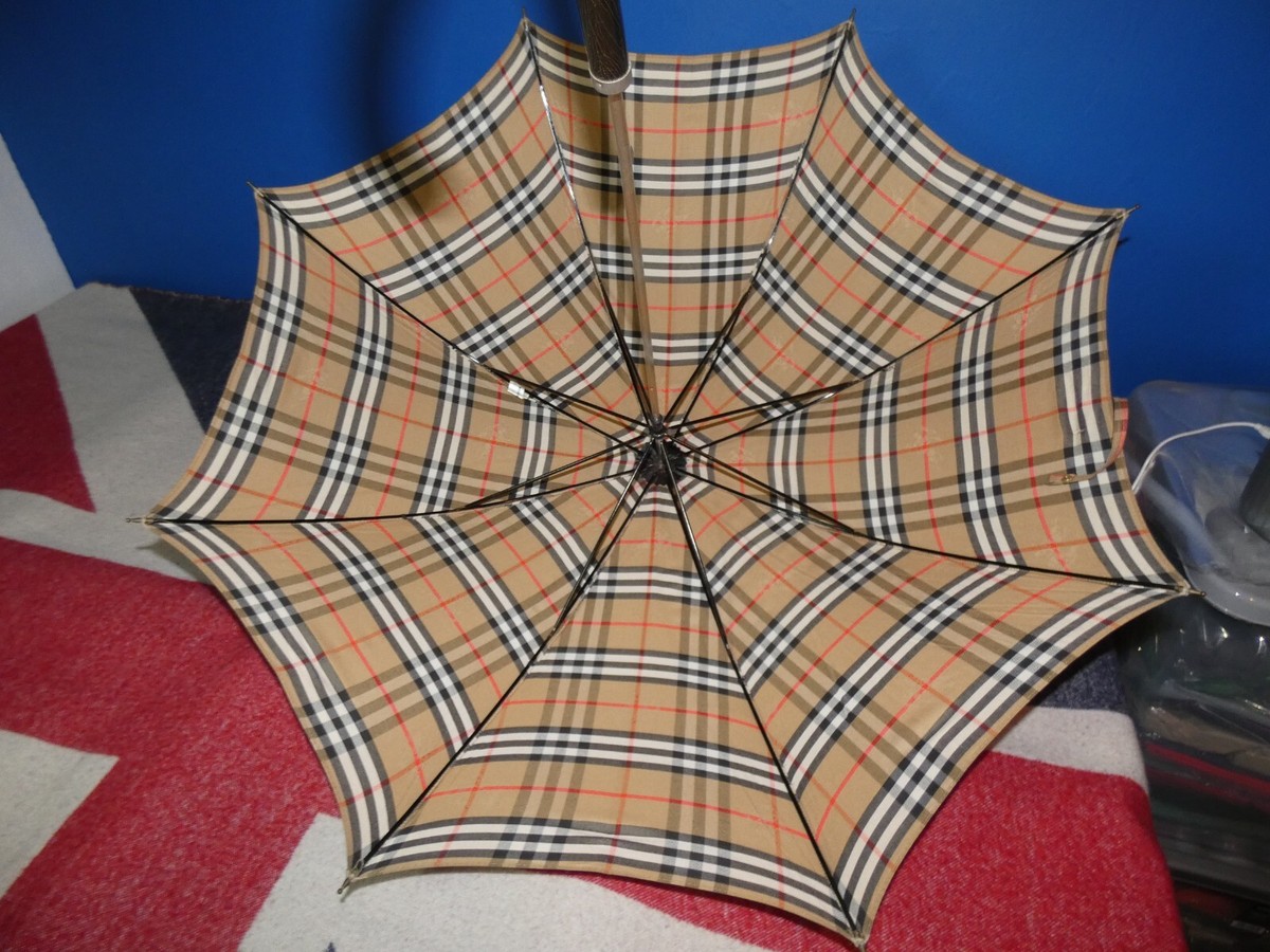 Burberry Umbrella 1960's Rare Designer Nova Check Wood Long