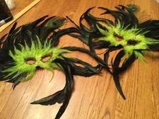 2 Mardi Gras Feather Masks. Green/Black
