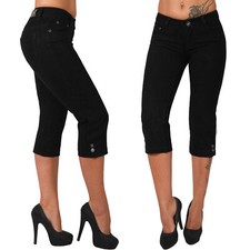 Hose Jeans Glitzer Zier Knöpfe Hüfthose 3/4...