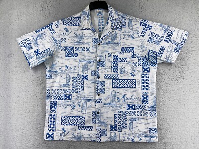 Mapili Shirt Adult 2XL XXL Blue White Hawaiian Sail Boat Floral Tile Cotton READ