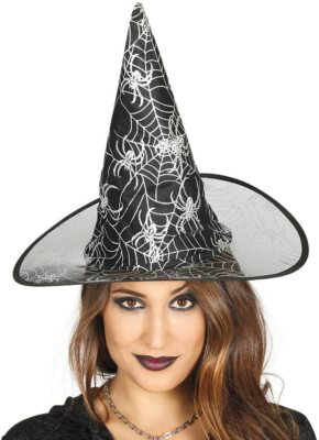 Halloween Erwachsene schwarzer Hexenhut mit silbernen Spinnen & Spinnennetz Kostüm Hexe