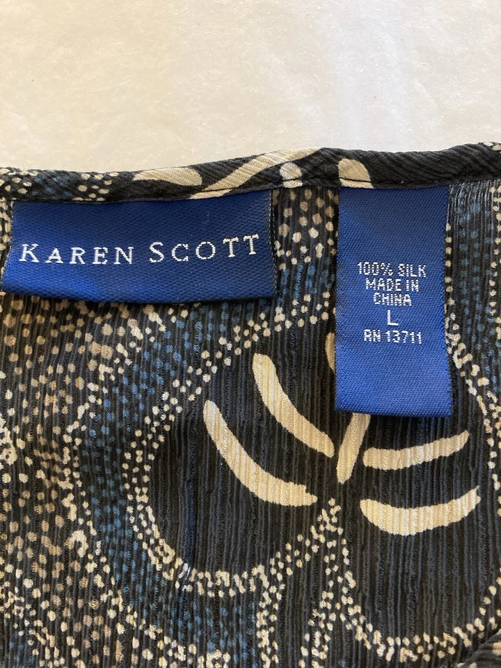 Camiseta sin mangas Karen Scott para mujer talla L floral 100 % seda marrón gasa negra boho Foto 2 de 4