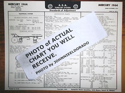 1964 Mercury EIGHT Series Monterey Montclair Park Lane Models AEA Tune Up Chart