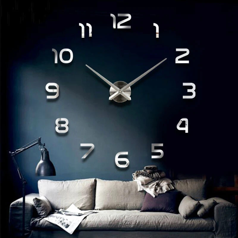 Grande horloge murale à quartz autocollant 3D miroir acrylique noir montre géante design art déco