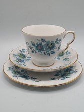 Vintage Queen Anne Bone China Blue Floral Tea Cup Saucer and Plate Trio