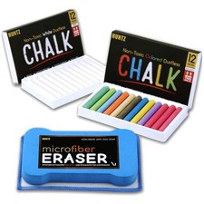 Non-Toxic Dustless Chalk  Reusable Microfiber Eraser   12 White  12 Colors