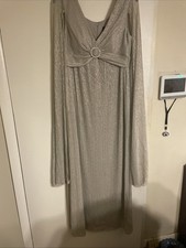 Elegant Metallic Silver Evening Gown Long Sleeve Maxi Length Rhinestone Dress