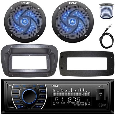 Pyle Single-DIN Marine Stereo W/Install Kit + Adapter Plate, 2x 4'' LED Speakers