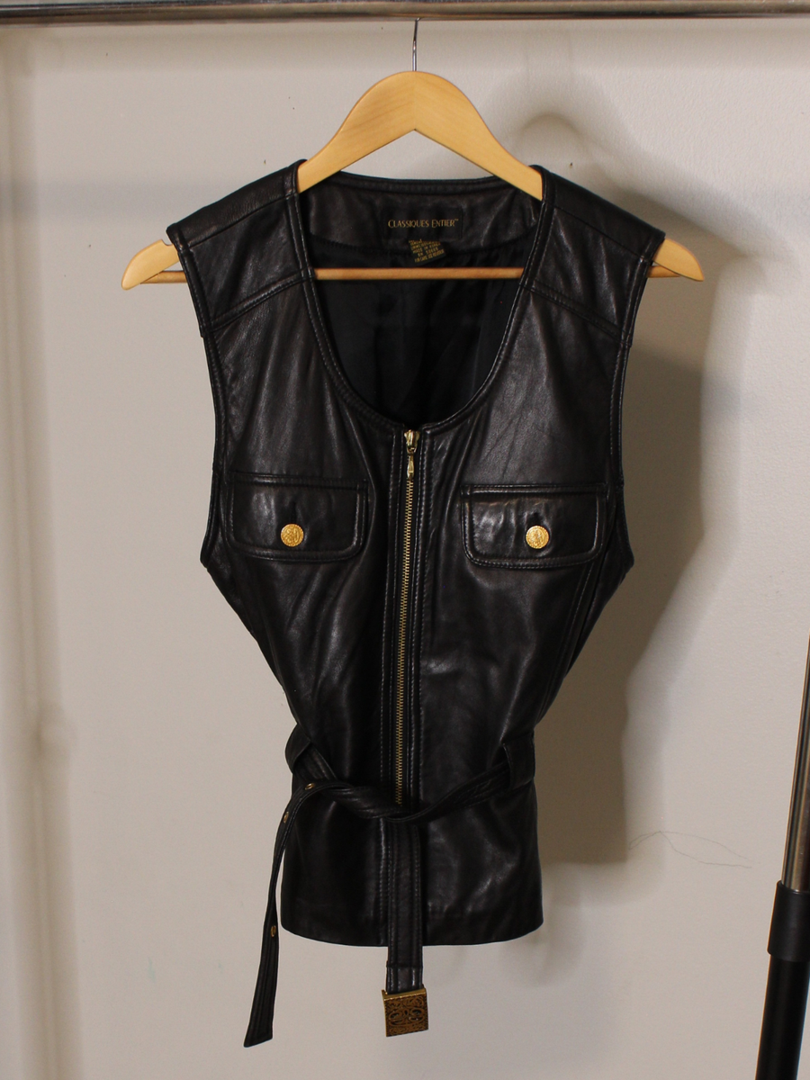 Womens Leather Vest Black L SOFT Lamb Skin Belted Vintage 80s 90s
