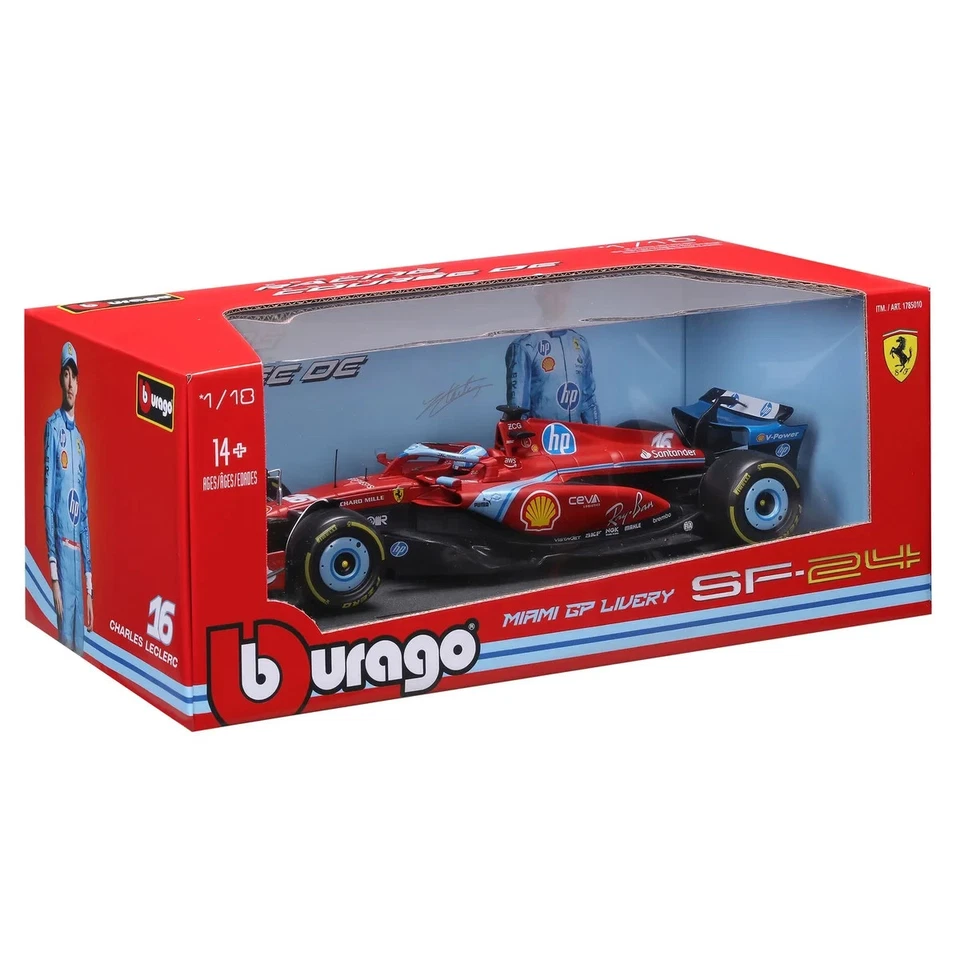Coche fundido a presión Ferrari SF-24 Miami GP #16 Charles Leclerc F1 2024 1:18 Bburago Foto 3 de 4