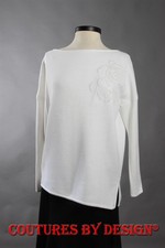 St John Knits Asymmetrical Hem Sweater White Floral Detail Sz Small NWT 880
