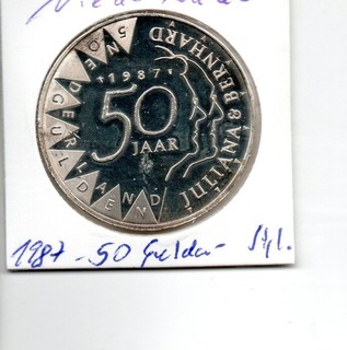 Niederlande 50 Gulden Silber 1987 50. Hochzeitstag Stgl.