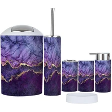 Bathroom Accessory Set 6 Piece Boho Abstract marbling Purple Marble Golden Ve...