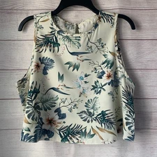 Shein Cream and Blue Floral Sleeveless Crop Top Size 12