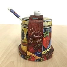 Joie de Vivre Ceramic Jam Jar & Spoon Colourful Fruit Design 10cm - New Sealed