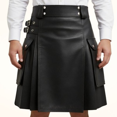 Herren Echt Rindsleder Schottischer Kilt Handarbeit Plissee Römer Cargotaschen Schwarz