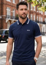 Image of HUGO BOSS Men's Navy Blue Regular Fit Polo T-Shirt with Collar Size Small