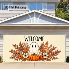 Welcome Halloween Garage Door Decor 13x6FT Hanging Banner Flag Backdrop Ghost