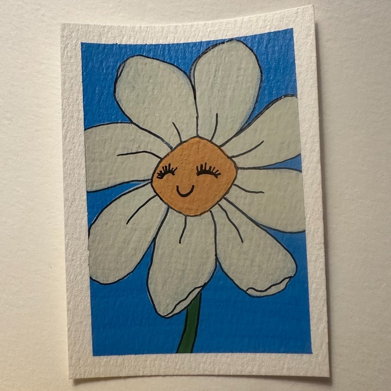 ACEO Original Painting - Vintage Inspired Cartoon Daisy with Smiley Faces