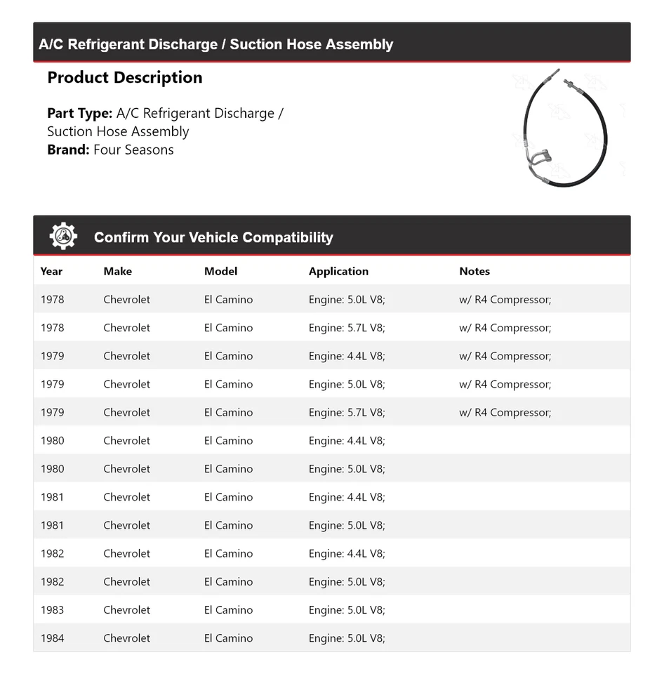 For 1978-84 Chevrolet El Camino Discharge Suction Line Hose Assy 4 Seasons - Image 2 of 4