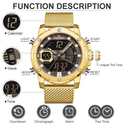 NAVIFORCE Mens Sport Watches Gold Steel Luxury Wristwatch Digital Alarm Watch - Picture 3 of 18