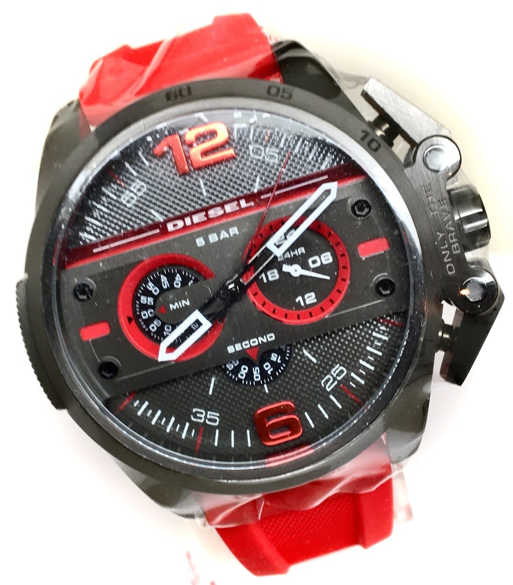 DIESEL☆DZ-4388 DIESEL WATCH DZ4388 IRONSIDE GUNMETAL TONE RED SILICONE BAND