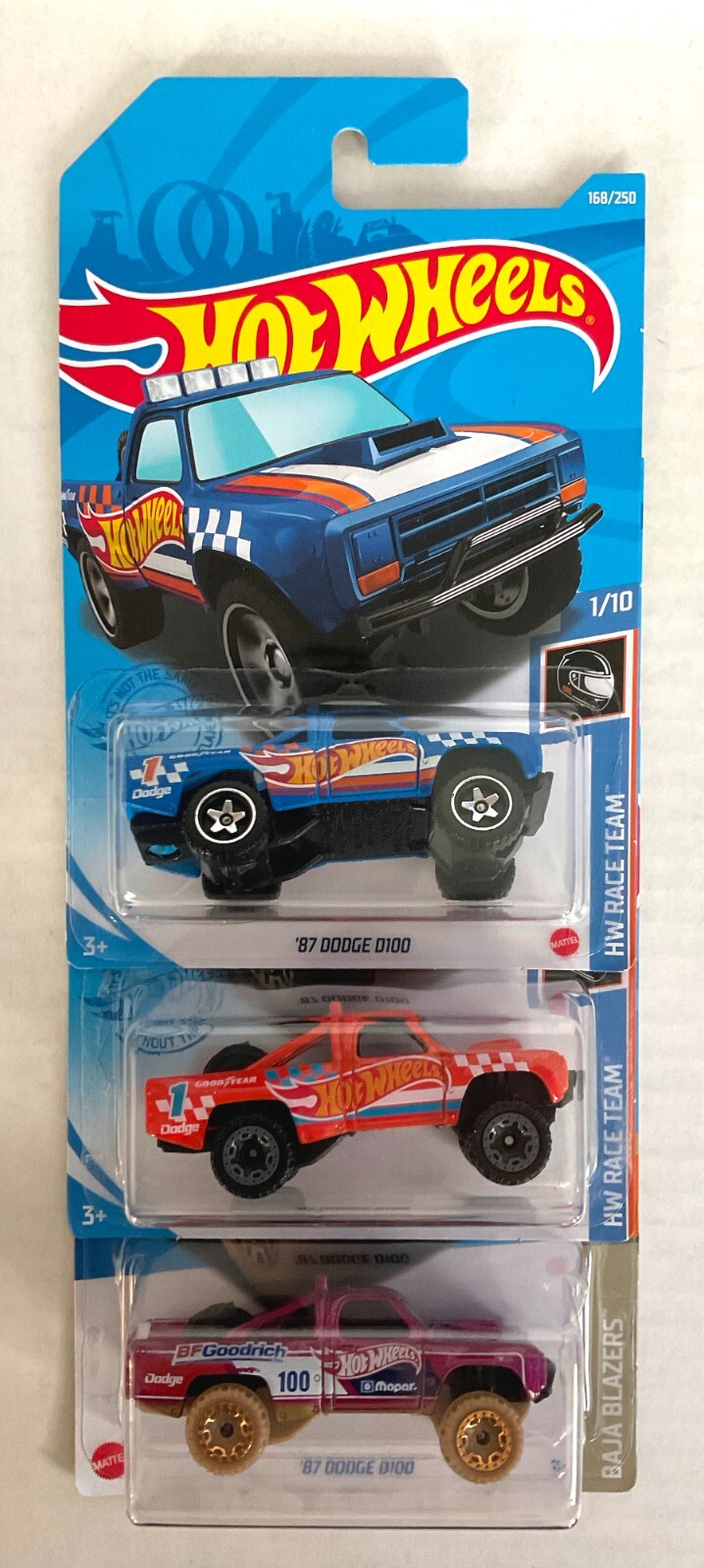 Hot Wheels 87 DODGE D100 Pickup Lot - 2021 #168 Blue & Orange, 2023 #181 Pink
