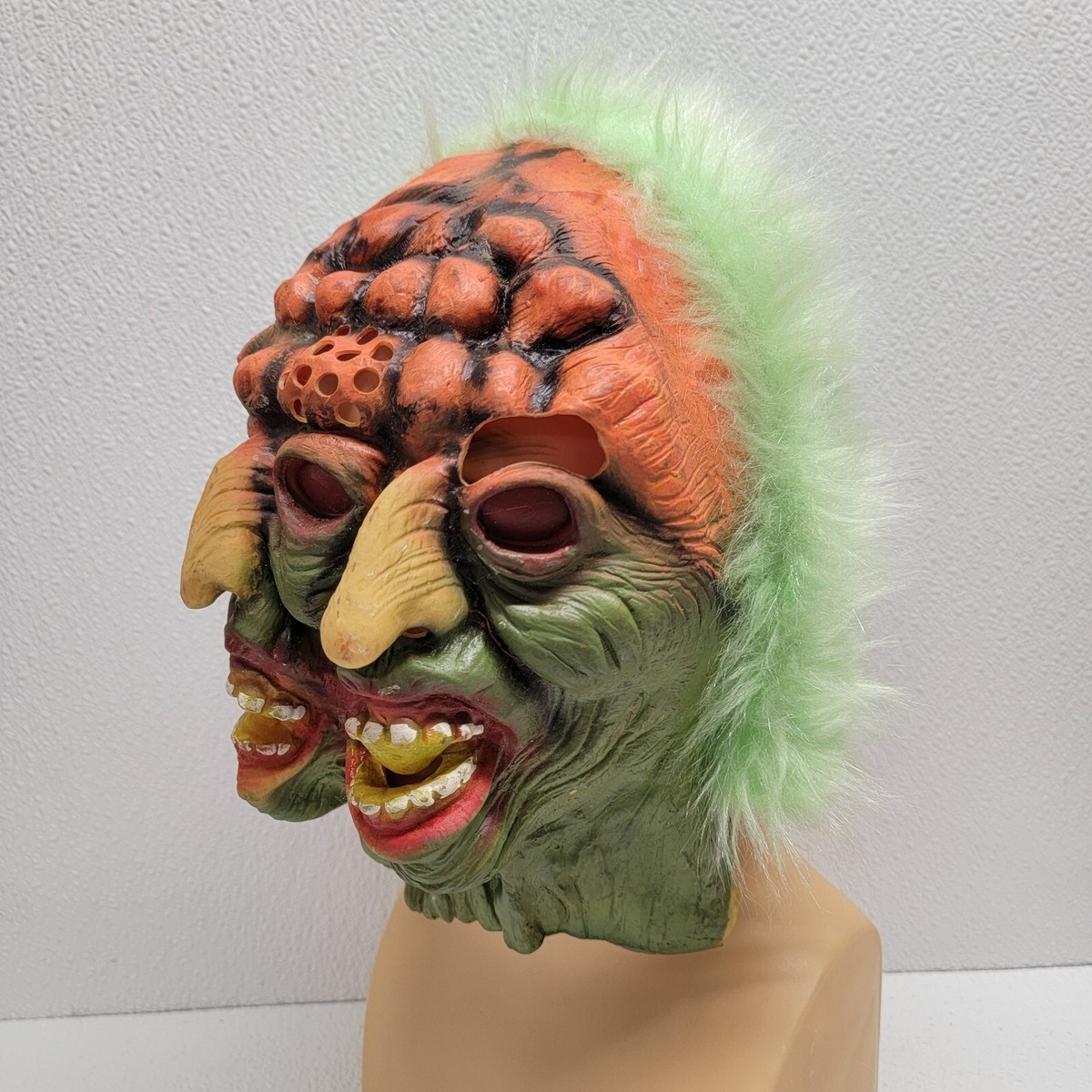 Vintage Two Faced Green Monster Scary Witch Rubber Mask Halloween