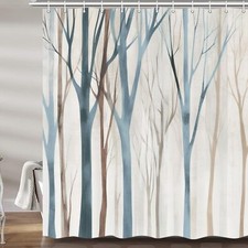 Blue and Brown Birch Tree Shower Curtain Beige Tan Forest Abstract Art Rustic...