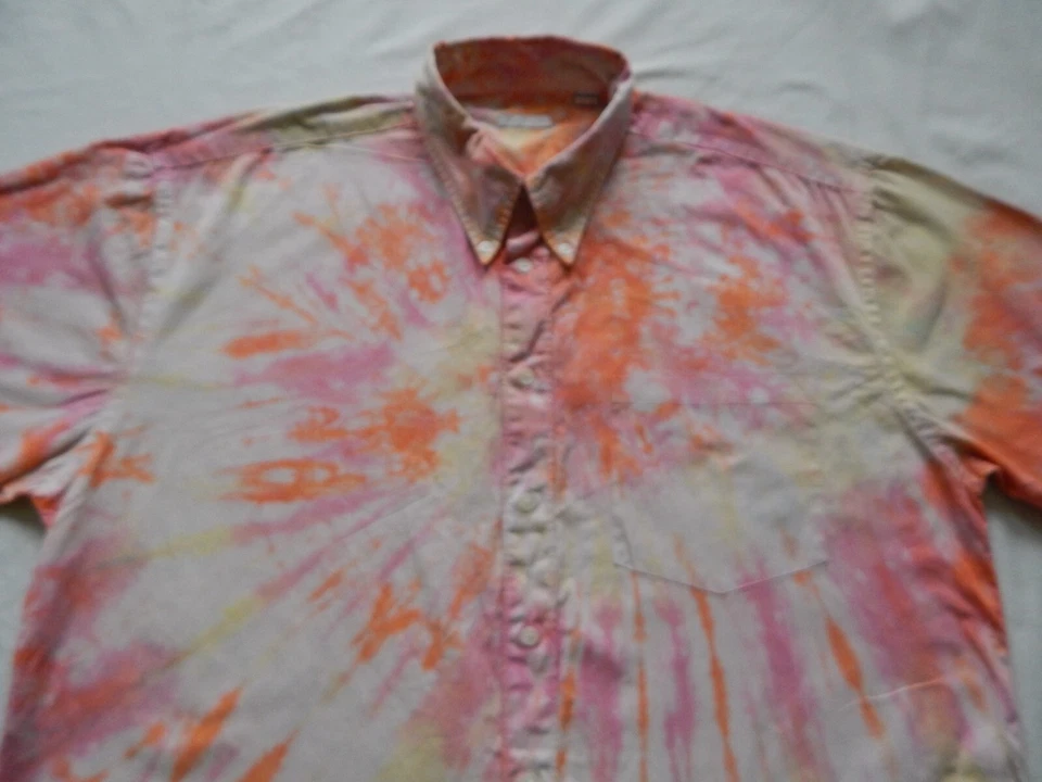 Tie Dye Pink Orange Short Sleeve Button Up Shirt - Large Mens Hand Made Spiral - Image 3 of 4