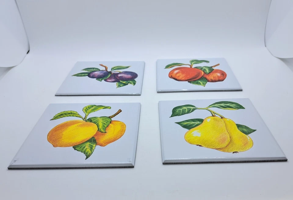 24 винтажные оловянные фруктовые настенные плитки 4 1/4 дюйма с монтажными квадратами в оригинальной коробке - Изображение 2 из 4