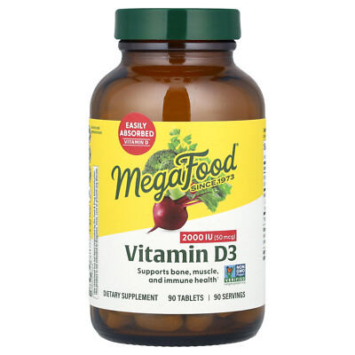 MegaFood Vitamin D3 2000 IU 90 Tablets Dairy-Free, Gluten-Free, Kosher, NSF