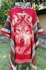 Wolf Dream Catcher Adult Alpaca Poncho,Unisex One Size. Made In Ecuador