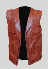 John Wayne Cowboy Leather Vest - Brown Real Sheep Leather Waistcoat for Mens