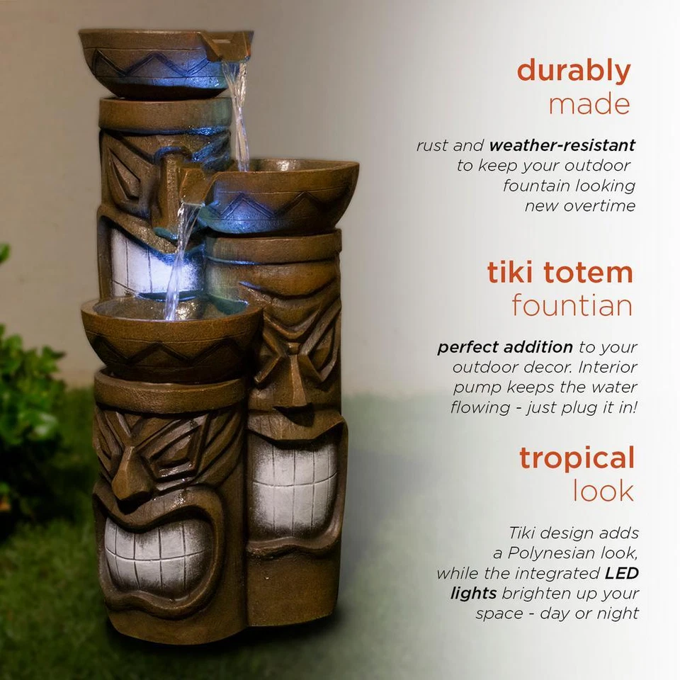 Alpine Corporation Water Fountain LED Light Tiki Head Outdoor 29 in. Tall 3-Tier - Image 4 of 4