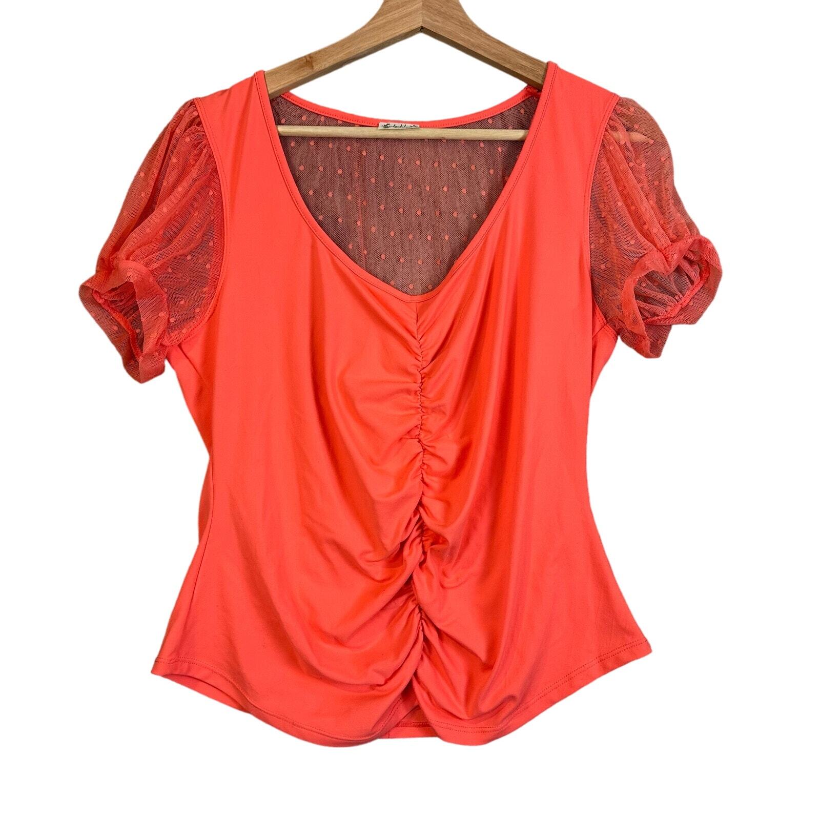 Free People Blush Up Cami Ruched Blouse M Coral Orange Polka Dot Mesh Top