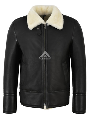 Men B3 Shearling Jacket Black Ivory Fur Bomber Pilot RAF Sheepskin Jacket Harbin