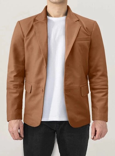Formal Stylish Fashion Leather Men's Blazer Pure Tan Handmade Genuine Lambskin - Picture 2 of 8