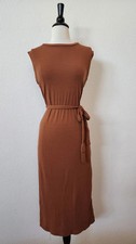 New Anthro Midi Dress Size Medium Cognac Brown Ribbed Belted Minimalist Casual