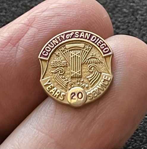 County of San Diego 20 Years Service Lapel Pin 10K Gold Filled - Vintage TM2429